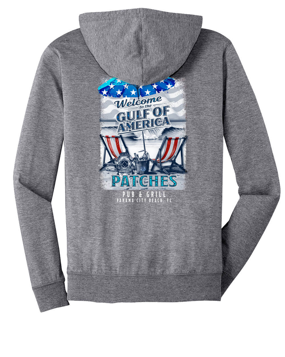 Lightweight zip hoodie Gulf of America, beach chairs.