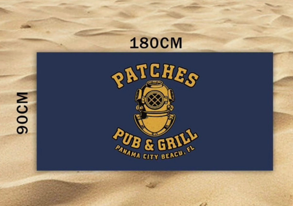 Navy with gold patches logo, quick dry, sand proof, microfiber beach towels.