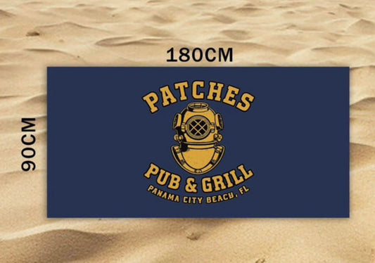 Navy with gold patches logo, quick dry, sand proof, microfiber beach towels.