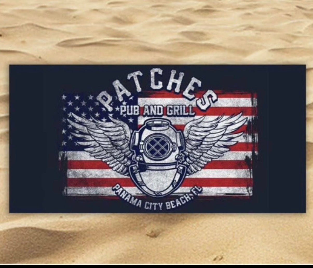 Quick dry, sand proof, microfiber Patches logo beach towel 6ft x 3ft